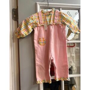 Vintage Baby Girls Pink Plaid Overalls Jumpsuit 12-18 Months Easter